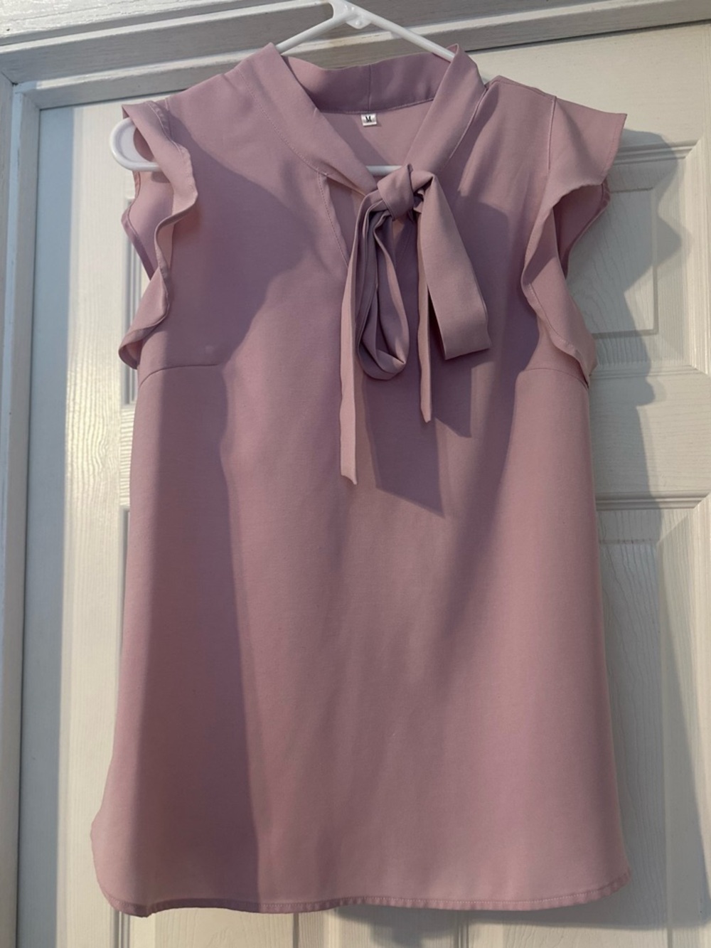 Mauve Pink Bow Neck Ruffle Sleeve Blouse
